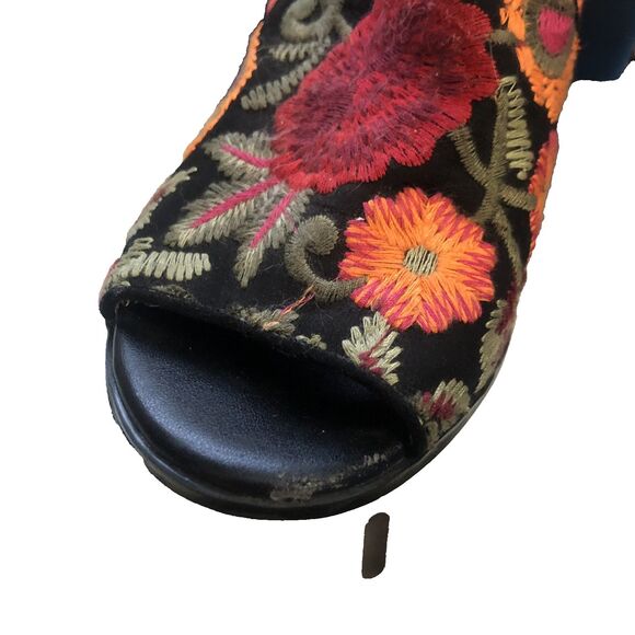 Embroidered Open Toe Black Orange Red Floral Fabric Womens 8.5 Ankle Boot Boho - Picture 11 of 11